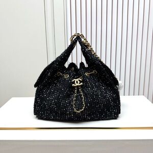 Chanel Black Tweed Shoulder Bag with Gold Accents